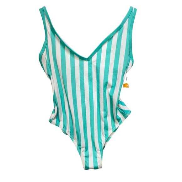 Kona Sol Womens One-Piece Swimsuit Sz M Turquoise White Striped Summer NWT - Picture 2 of 10